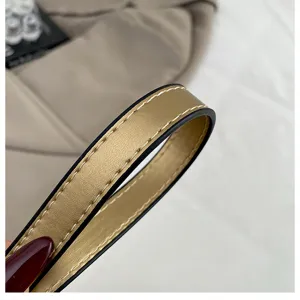 Gros plan détaillé de la bandoulière élégante couleur dorée avec des coutures nettes.