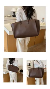 Large capacity brown tote bag for women, stylish leather commuter shoulder bag.