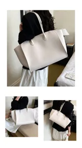 Large capacity white leather tote bag, minimalist commute shoulder bag for women daily use.