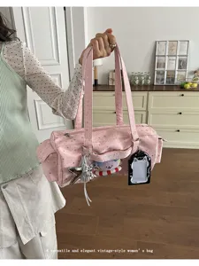 Japanese style pink star print ita shoulder bag large capacity commuter tote bag with clear window