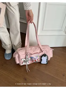 Pink star print ita bag with clear front pocket, cute commuter shoulder tote bag for daily use.
