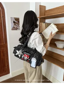 Japanese anime ita shoulder bag, cute star print tote bag with plush charm and clear card slot.