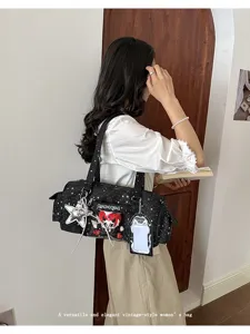 Black star print canvas tote bag, Japanese style shoulder bag with cute character pendant.
