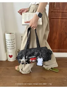 Casual Japanese style 2D ita shoulder bag with star pattern and cute front transparent pocket for daily use