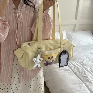Japanese ACG ita shoulder bag, cute yellow star print tote bag with clear front pocket.