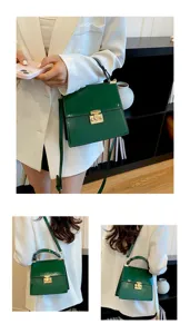 Grüne Lackleder Detailansicht der eleganten Handtasche mit edlem goldenem Metallverschluss.