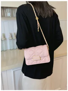 Pink quilted shoulder bag with gold chain strap for women chic elegant crossbody bag