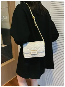 Classic quilted chain shoulder bag for women, stylish small square crossbody handbag.