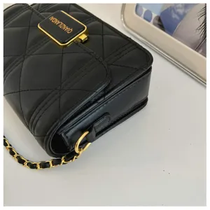 Black quilted leather shoulder bag with gold chain strap and metal lock detail for women.