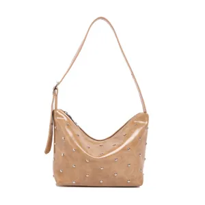 Khaki Studded Shoulder Bag Stylish PU Leather Hobo Crossbody Bag For Women Daily Commute