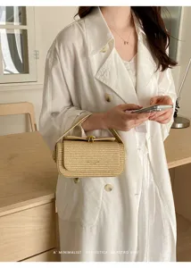 Vista dettagliata di una borsa in paglia minimalista chic con chiusura in metallo.