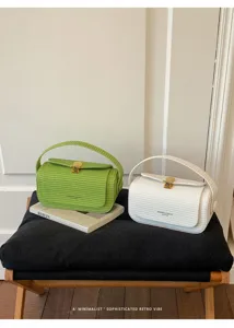 Vista dettagliata della borsa a mano intrecciata alla moda con chiusura in metallo.