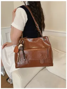 Vintage large capacity women shoulder bag retro brown PU leather handbag with chain strap