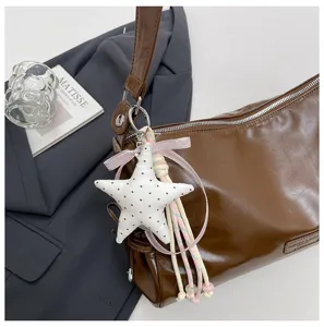 Vintage brown pu leather shoulder bag with cute star charm and bow ribbon decoration
