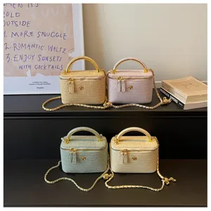 Gewebte Vanity-Tasche mit Metallgriff und Kettengurt, modische Pastell-Box-Tasche für Damen.