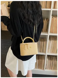 Vintage Stroh Kosmetiktasche Umhängetasche mit goldener Kette und Metallgriff für Damen.