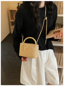 Vintage Gewebte Box Handtasche Damen Umhängetasche Kette Schultertasche Rattan Kosmetiktasche