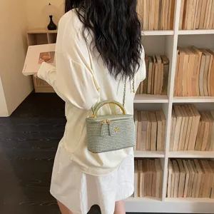 Borsa a tracolla rigida da donna in vimini vintage, elegante borsetta con catena e manico.