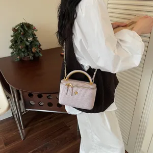 Borsa vanity intrecciata retrò da donna con manico in metallo e tracolla a catena