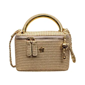 Borsa vanity in paglia intrecciata vintage con manico in metallo e catena donna.