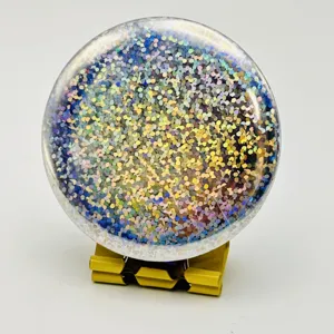 Holographic glitter badge protector cover for anime merchandise and collectible buttons detail view