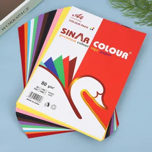 Colorful A4 copy paper detail shot, 80gsm multi-color pack for school and art projects.
