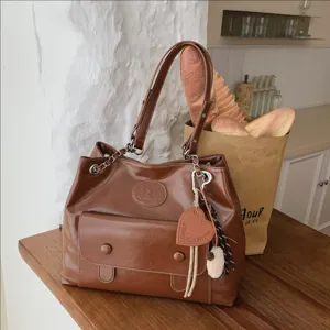 Retro Large Capacity Women PU Leather Tote Bag Fashion Chain Shoulder Bag Commuter Bucket Bag Handbag