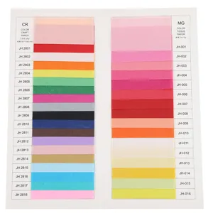 Detailed color swatch chart showcasing various vibrant shades of tissue paper for gift wrapping.