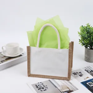 Green tissue wrapping paper set with burlap gift tote bag for flower and box packaging decoration