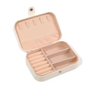 Portable PU leather jewelry box organizer for rings and necklaces with compartments open view.