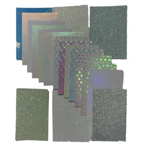 Holographic glitter paper sheets set for DIY badge backing, crafts and gift wrapping decorations.