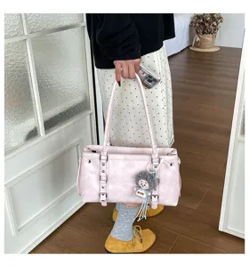 Roze retro schoudertas voor dames, grote PU lederen okseltas handtas met stijlvolle gespen.