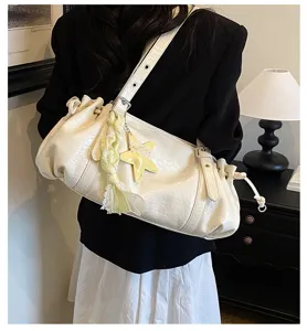 Chic ruched shoulder bag with star charm, premium faux leather retro tote bag for women summer.
