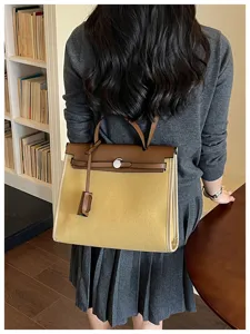 Grand sac à main en toile et cuir cabas classique bandoulière rétro fourre-tout quotidien