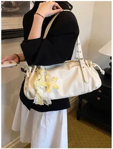 Elegant pleated underarm bag for women, soft leather vintage commuting shoulder tote, summer.
