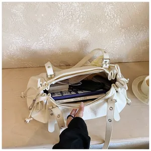 White ruched tote bag for women, large capacity shoulder bag with stylish drawstring details.