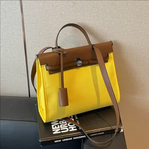Grand Sac Cabas Patchwork en Toile et Cuir pour Femmes Sac à Main Décontracté de Banlieue Sac Bandoulière Mode