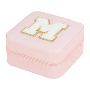 Pink travel jewelry box with gold letter M patch, portable small PU leather case for rings