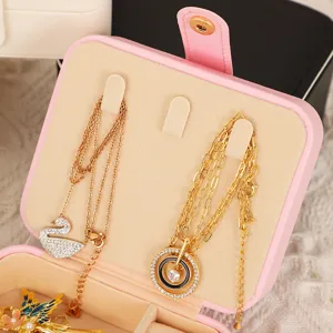 Boîte de rangement de bijoux de voyage portable avec miroir, organiseur en cuir rose.