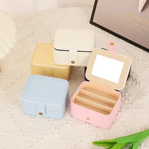 Boîte à Bijoux Portable en Cuir PU Organisateur Double Couche Avec Miroir Étui de Rangement de Voyage Petite Boîte Carrée Femmes