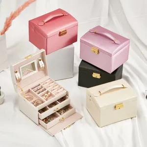 PU Leather Jewelry Organizer Box Large Capacity Multi-Layer Jewelry Case With Lock Mirror Portable Travel Jewelry Storage Case For Women