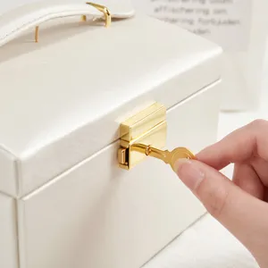 White PU leather jewelry box with gold lock portable multi-layer makeup storage case organizer