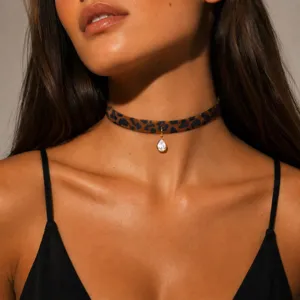 Collar gargantilla estampado de leopardo mujer con colgante cristal gota oro moda