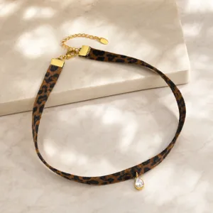 Mujer acero inoxidable gota blanca ancho gargantilla leopardo oro elegante.