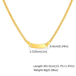 Gold stainless steel curb chain necklace detail with blank curved ID plate and size specs.