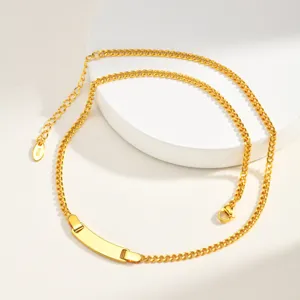 Women fashion stainless steel curb chain necklace with blank ID plate gold color.