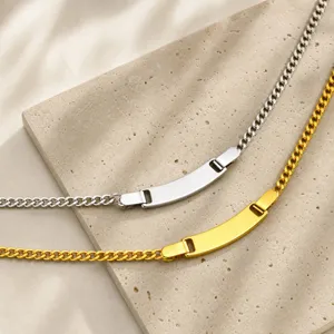 Fashion Stainless Steel Curb Chain Curved Bar Pendant Necklace Blank ID Tag Geometry Choker Party Daily Jewelry Gift For Women