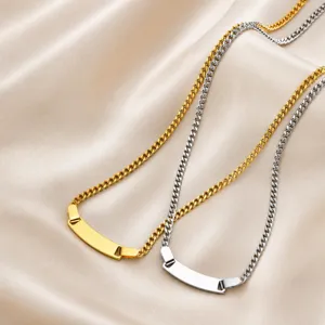 Women stainless steel curb chain ID necklace blank engravable gold silver 2pcs set