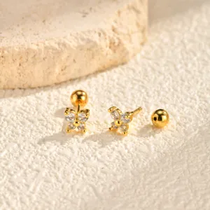 Stainless steel crystal flower stud earrings, elegant gold plated minimalist daily wear jewelry.