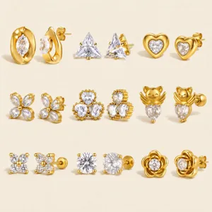 Women Stainless Steel Rhinestone Stud Earrings Heart Flower Clover Cat Shape Gold Plated Fashion Jewelry Studs For Girls